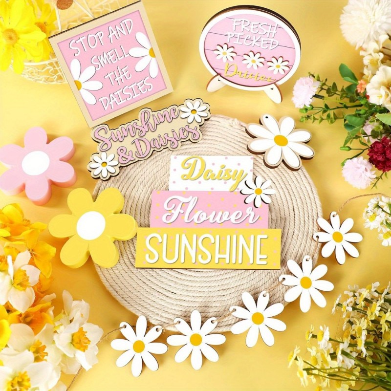 Home Decor Daisy - ของตกแต่งถาดหลายชั้นลายดอกเดซี่ สไตล์ฟาร์มเฮาส์ฤดูร้อน ป้ายไม้ตกแต่งโต๊ะ สวัสดีฤดูร้อน ของตกแต่งบ้าน ครัว
