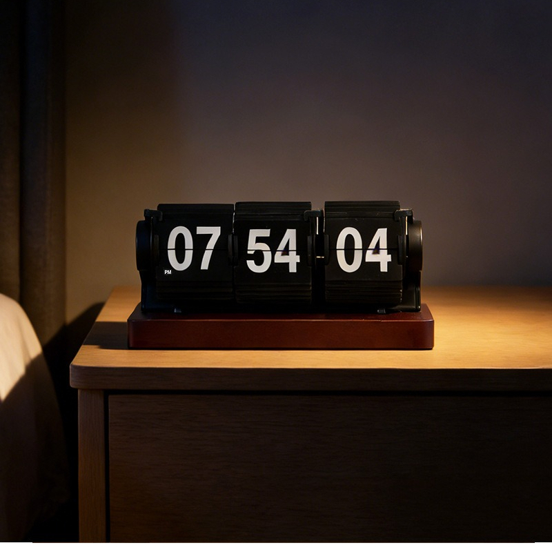 Vintage Alarm Clock - นาฬิกาตั้งโต๊ะไม้สไตล์วินเทจ แบบพลิก 3 หน้า พร้อมตัวบอกวินาที ดีไซน์มินิมอล