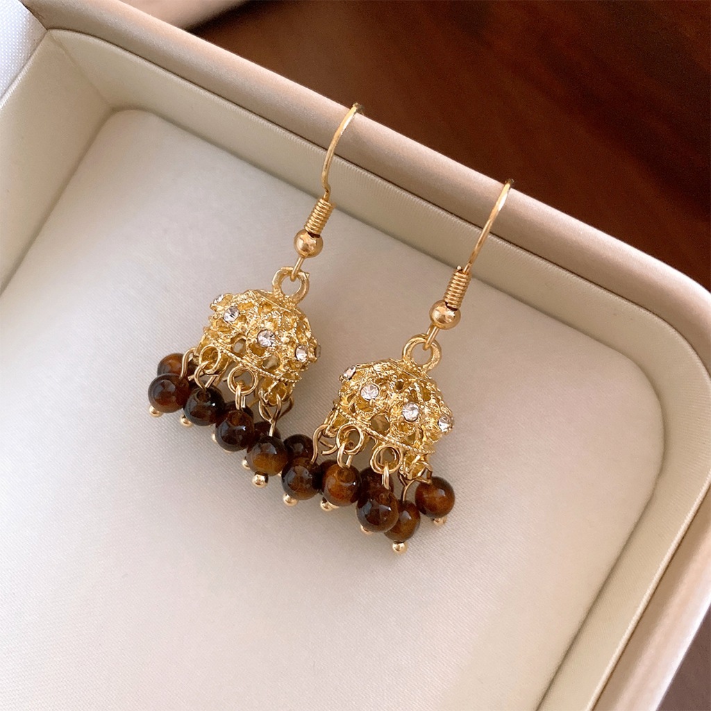 Boho Wind Chimes - ต่างหูห้อยทรงระฆังสไตล์โบโฮ ประดับคริสตัลกลวง ฝังลูกปัดและพู่ห้อย ต่างหูสำหรับผู้หญิง เครื่องประดับวินเทจสไตล์ชาติพันธุ์