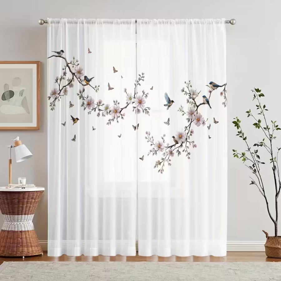 Home Decor Wall Panels - ม่านโปร่งแสงพิมพ์ลายดิจิทัล 2 ชิ้น ลายดอกไม้ นก ผีเสื้อ