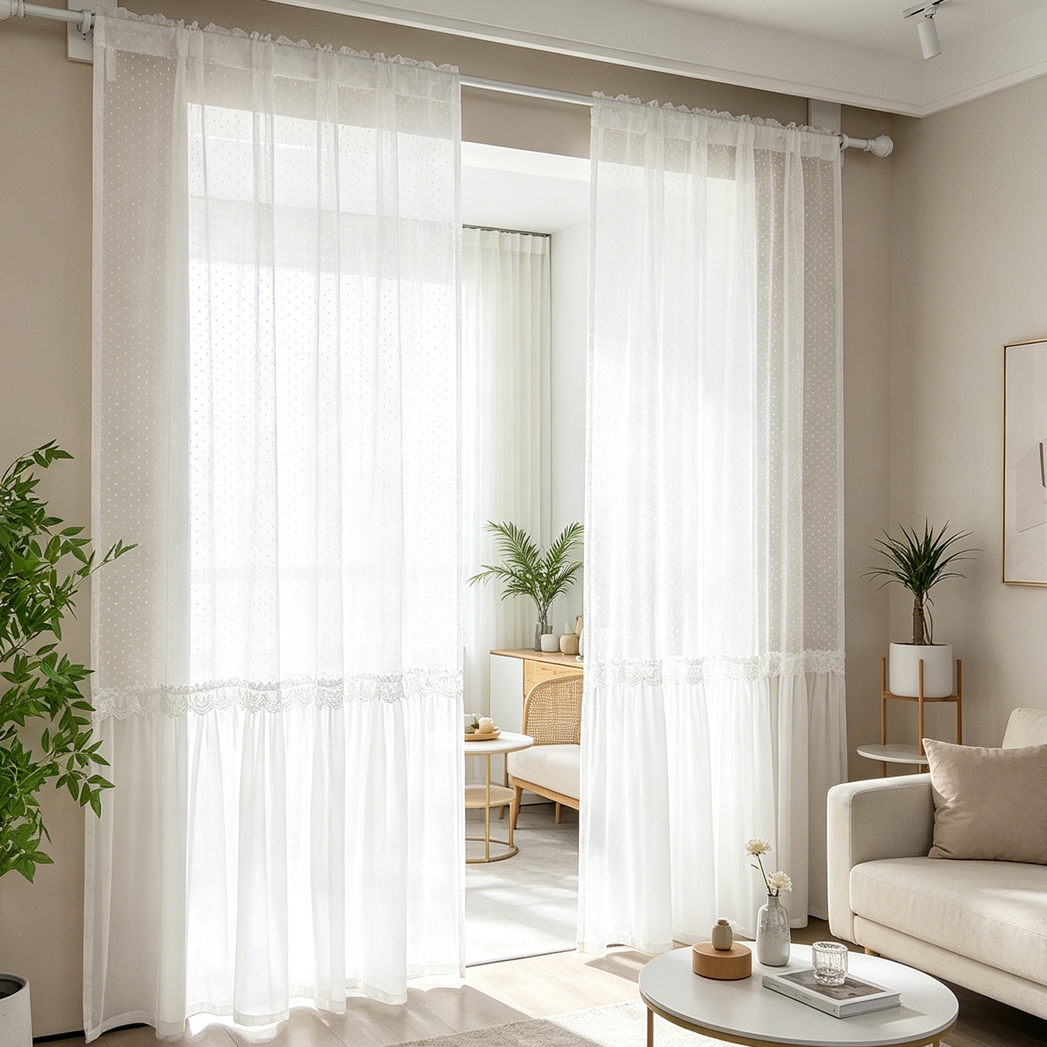 Home Decor Wall Panels - ผ้าม่านโปร่งแสงสไตล์ฝรั่งเศส ลายจุด แต่งขอบลูกไม้ สำหรับตกแต่งห้องนอน ห้องนั่งเล่น ห้องเด็กผู้หญิง