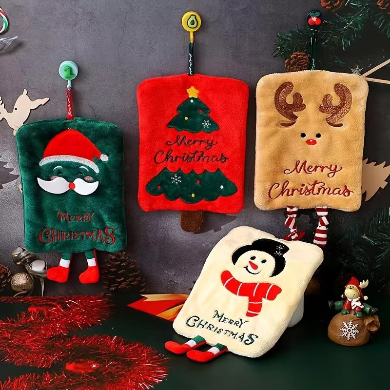 Home Decor Xmas Tree - ผ้าเช็ดมือแขวนคริสต์มาส ผ้าคอรัลฟลีซ ลายซานต้า มนุษย์หิมะ กวางเรนเดียร์ ต้นไม้