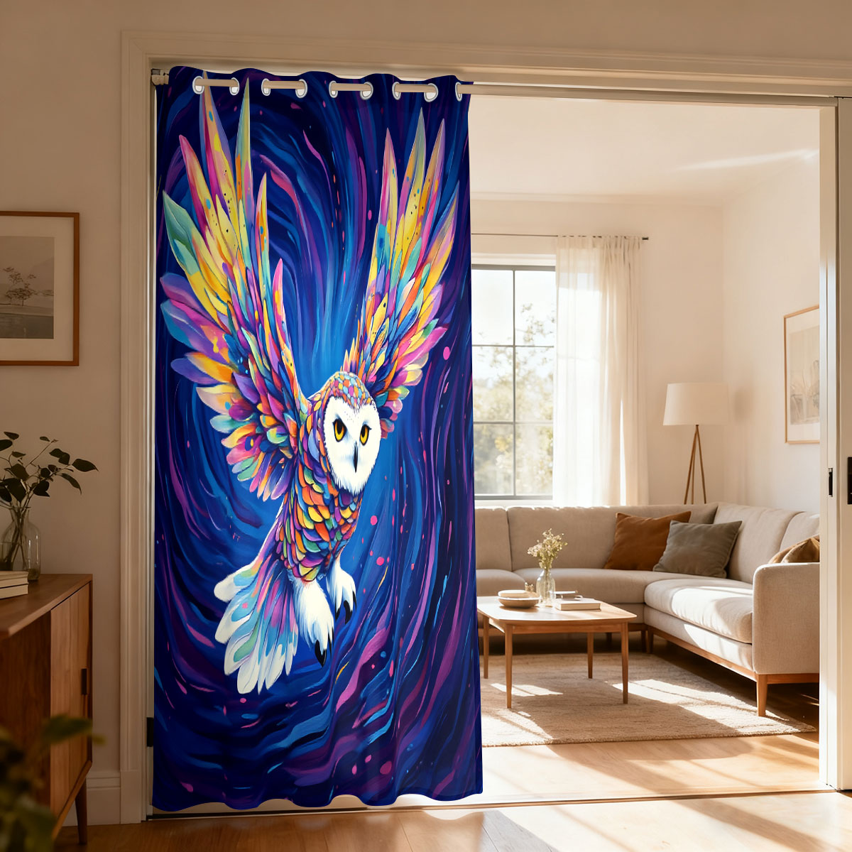 Home Decor Curtains - ผ้าม่านลายพิมพ์นกฮูกบินกลางท้องฟ้าสีสันสดใส 1 ชิ้น สำหรับห้องนั่งเล่น ห้องนอน ประตู