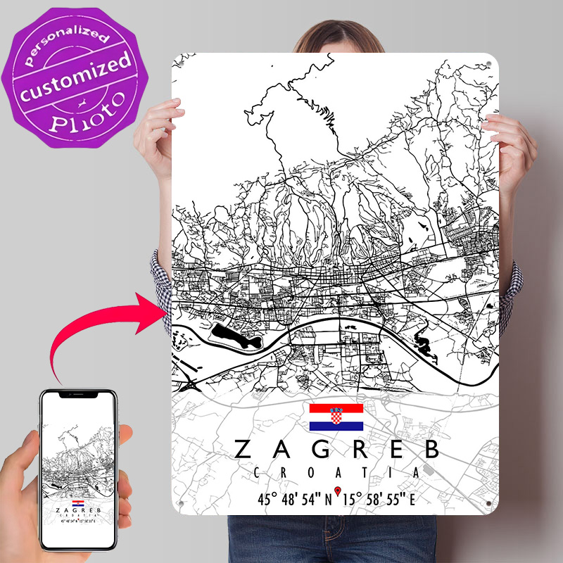 Home Decor Zagreb - แผนที่เมืองซาเกร็บ โครเอเชีย โปสเตอร์โลหะแบบ 3 มิติ งานศิลปะตกแต่งผนังแบบกำหนดเอง