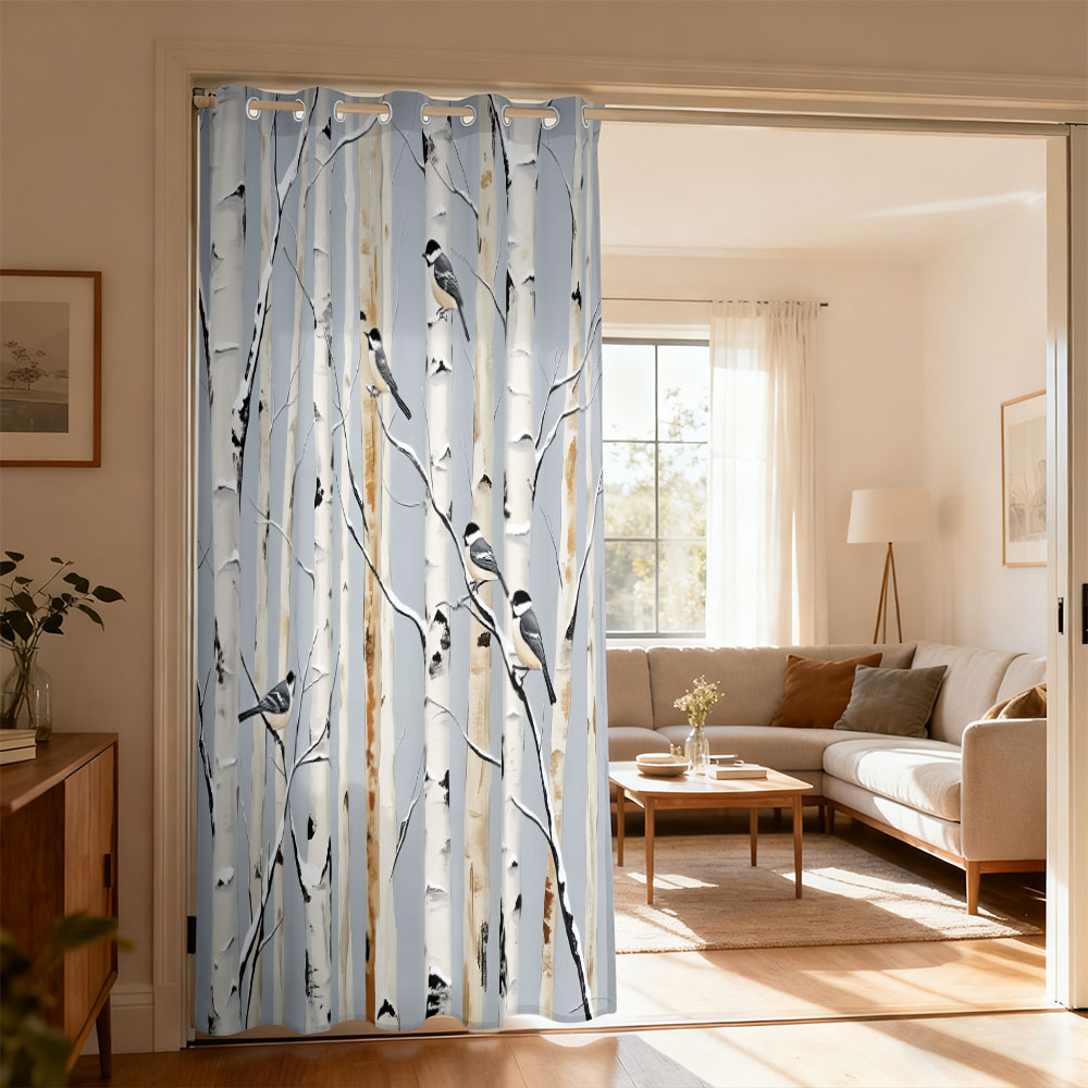 Home Decor Curtains - ผ้าม่านลายพิมพ์นกติตมัสในป่าเบิร์ช 1 ชิ้น ผ้าม่านแบบห่วงเดียว สำหรับห้องนั่งเล่น ห้องนอน