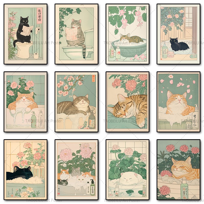 Home Decor Japandi Style - แมวแทบบี้ญี่ปุ่นในอ่างอาบน้ำ โปสเตอร์ผ้าใบ ศิลปะตกแต่งผนังสไตล์เรโทร ญี่ปุ่น-อินเดีย สำหรับห้องน้ำ ห้องสุขา