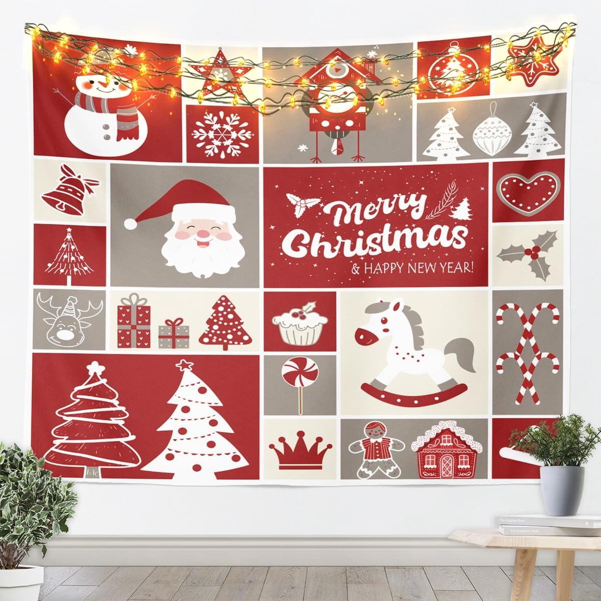 Home Decor Xmas Tree - ผ้าแขวนผนังลายคริสต์มาส ซานตาคลอส สำหรับตกแต่งห้องนั่งเล่น ห้องนอน ต้นคริสต์มาส ผ้าห่มแขวนผนัง