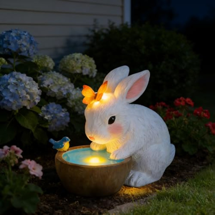 Home Decor Garden - รูปปั้นกระต่ายพลังงานแสงอาทิตย์สำหรับตกแต่งสวน - ของขวัญวันเกิดสำหรับคุณแม่ กระต่ายพร้อมผีเสื้อและไฟ LED ของตกแต่งสวนสำหรับบ้าน