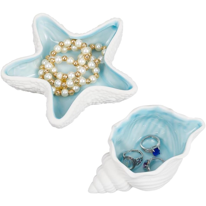 Ceramic Trinket Dish - ถาดเครื่องประดับเซรามิก2ชิ้นถาดทรงหอยสังข์รูปปลาดาวห่วงยางเซรามิกรูปเปลือกหอยสำหรับตกแต่งธีมมหาสมุทร