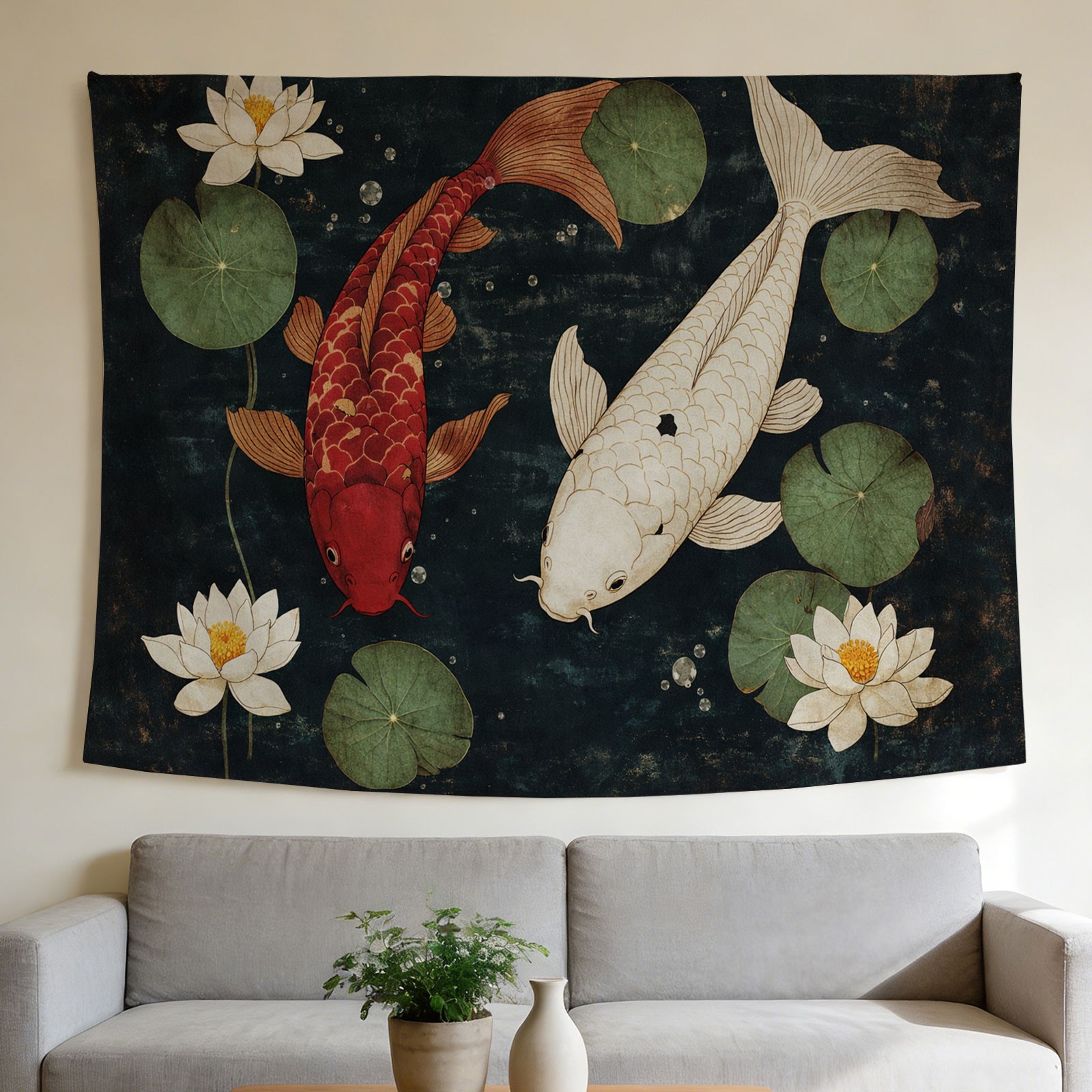 Home Decor Japandi Style - พรมแขวนผนังลายปลาคาร์ฟและดอกบัวสุดหรู ศิลปะตกแต่งแบบเอเชีย พิมพ์ลายโพลีเอสเตอร์ สไตล์เซน ของตกแต่งห้อง ศิลปะสไตล์ญี่ปุ่นสำหรับบ้าน