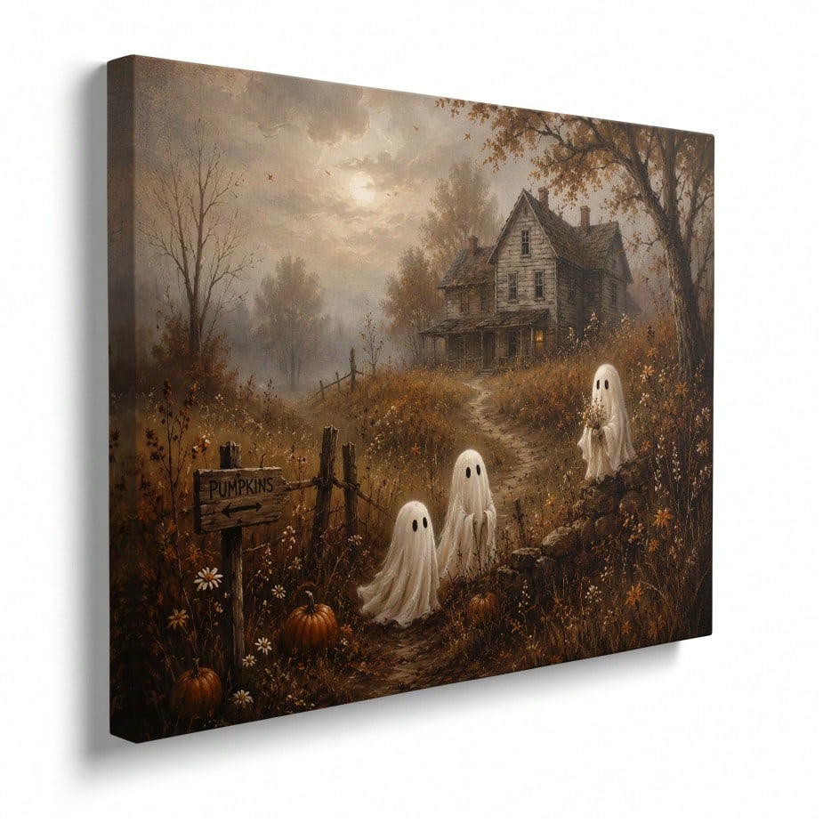 Home Decor Mirror - ภาพวาดบนผ้าใบกรอบรูปฮาโลวีน ลายบ้านผีสิงและฟักทองสไตล์วินเทจ ตกแต่งผนังบ้านสไตล์ดาร์กอะคาเดเมีย