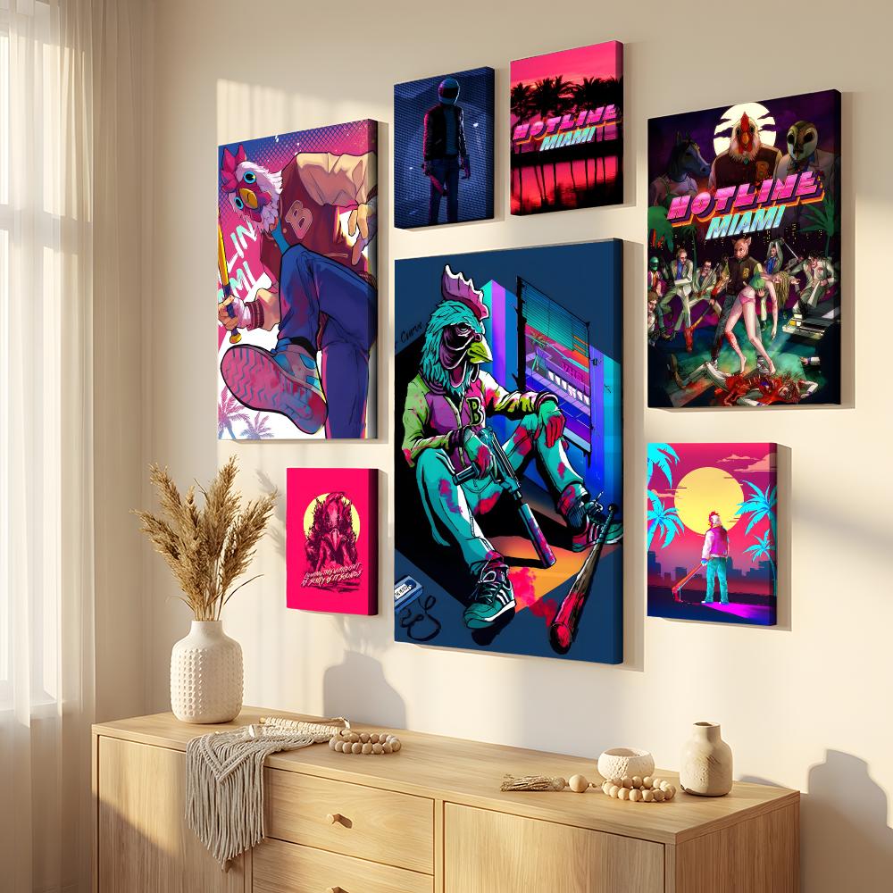 Home Decor Mirror - ภาพวาดติดผนังแบบมีกรอบ Hotline Miami บนผ้าแคนวาส พร้อมกรอบด้านใน กันน้ำ