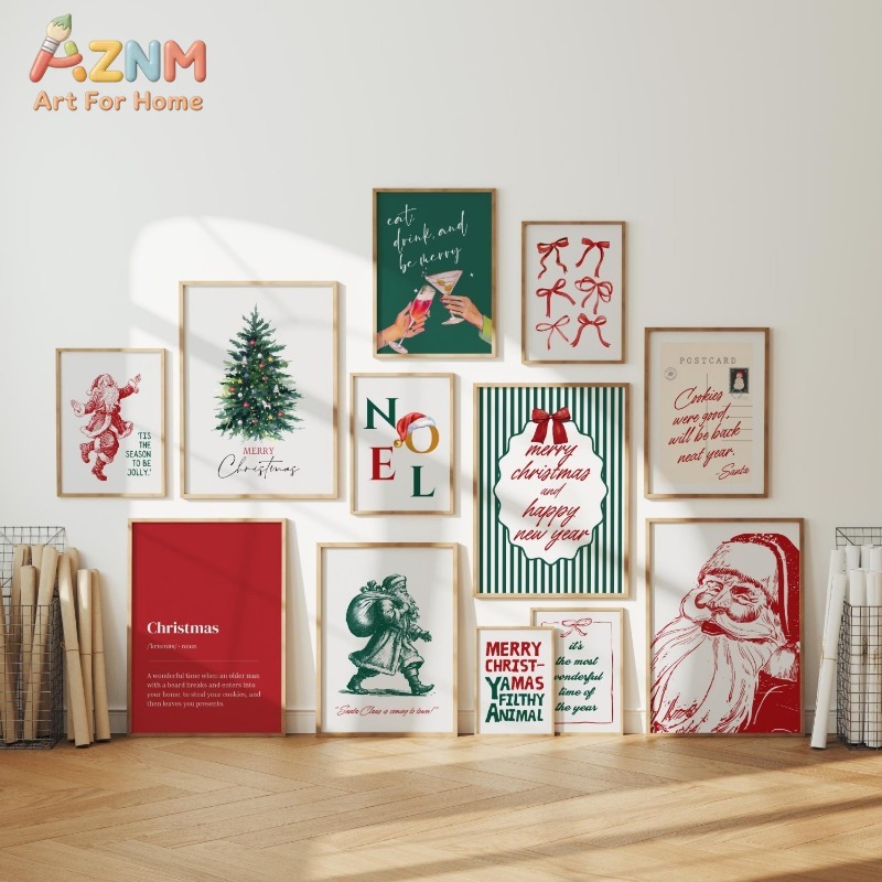 Home Decor Xmas Tree - ภาพพิมพ์บนผ้าใบแบบไม่มีกรอบ ศิลปะตกแต่งผนังสไตล์เรโทร ลายคริสต์มาส ซานตา ต้นไม้ โบว์
