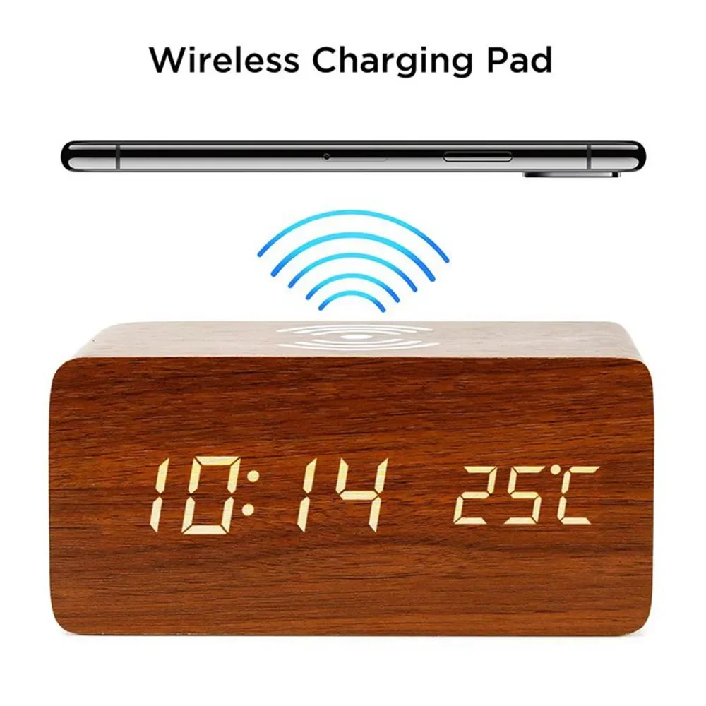 Vintage Alarm Clock - นาฬิกาปลุก LED ดิจิตอลไม้ USB/AAA ขับเคลื่อนนาฬิกาตั้งโต๊ะพร้อมอุณหภูมิความชื้นไร้สายชาร์จนาฬิกาตั้งโต๊ะอิเล็กทรอนิกส์