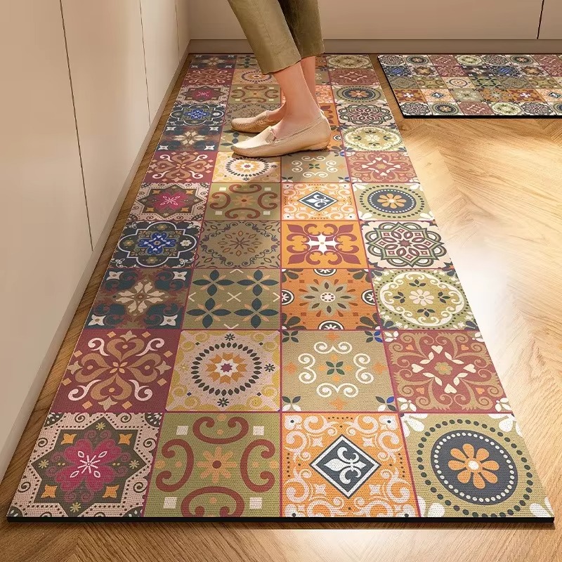 Home Decor Online Free - พรมสําหรับชุดห้องครัวลื่นน้ํามันแผ่นปูพื้นหนัง PVC กันน้ําเสื่อเท้าอเมริกัน VINTAGE ตกแต่งพรมแถบยาว