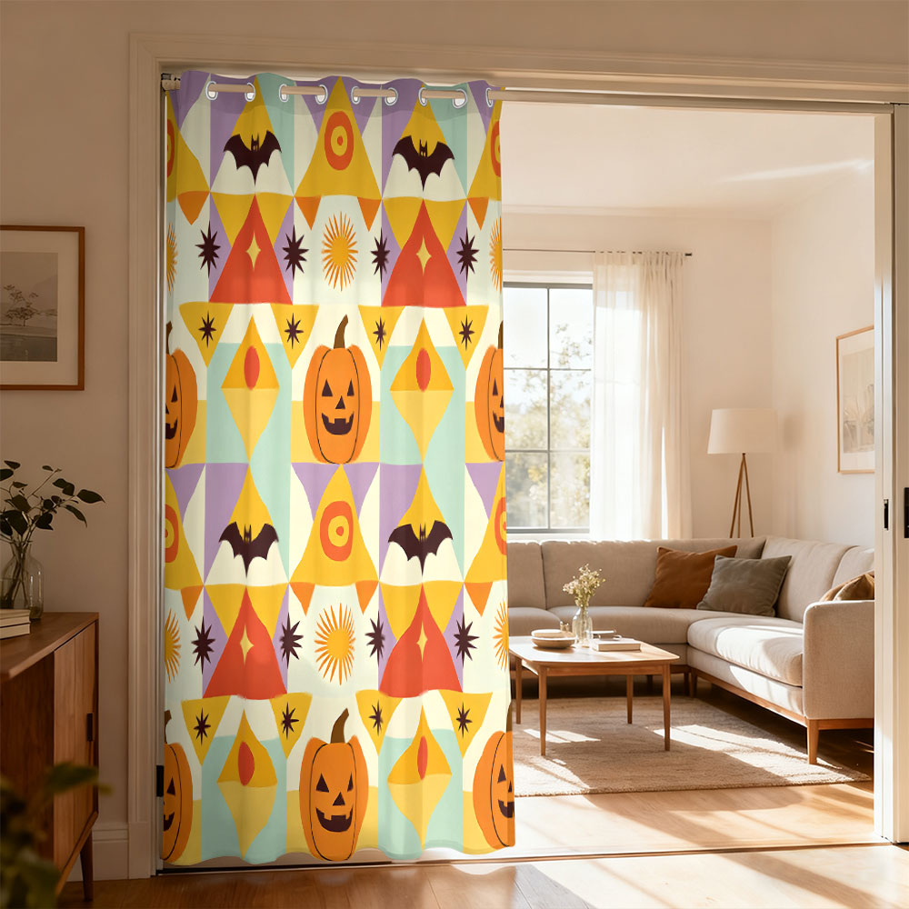 Home Decor Curtains - ผ้าม่านลายฟักทองค้างคาวเรขาคณิตสำหรับฮาโลวีน 1 ชิ้น ผ้าม่านแบบวงเดี่ยวสำหรับตกแต่งห้องนั่งเล่น