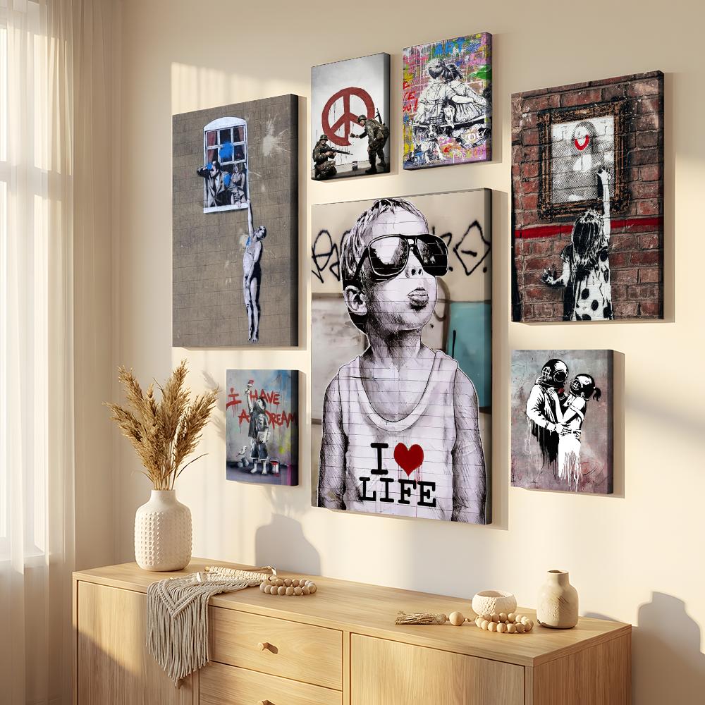 Home Decor Mirror - ผลงานศิลปะกราฟฟิตี้ของบี-แบงค์ซี่ ภาพวาดติดผนังแบบมีกรอบ ผ้าแคนวาสตกแต่งผนัง พร้อมกรอบด้านใน กันน้ำ ตกแต่งบ้านสำหรับห้องนั่งเล่น