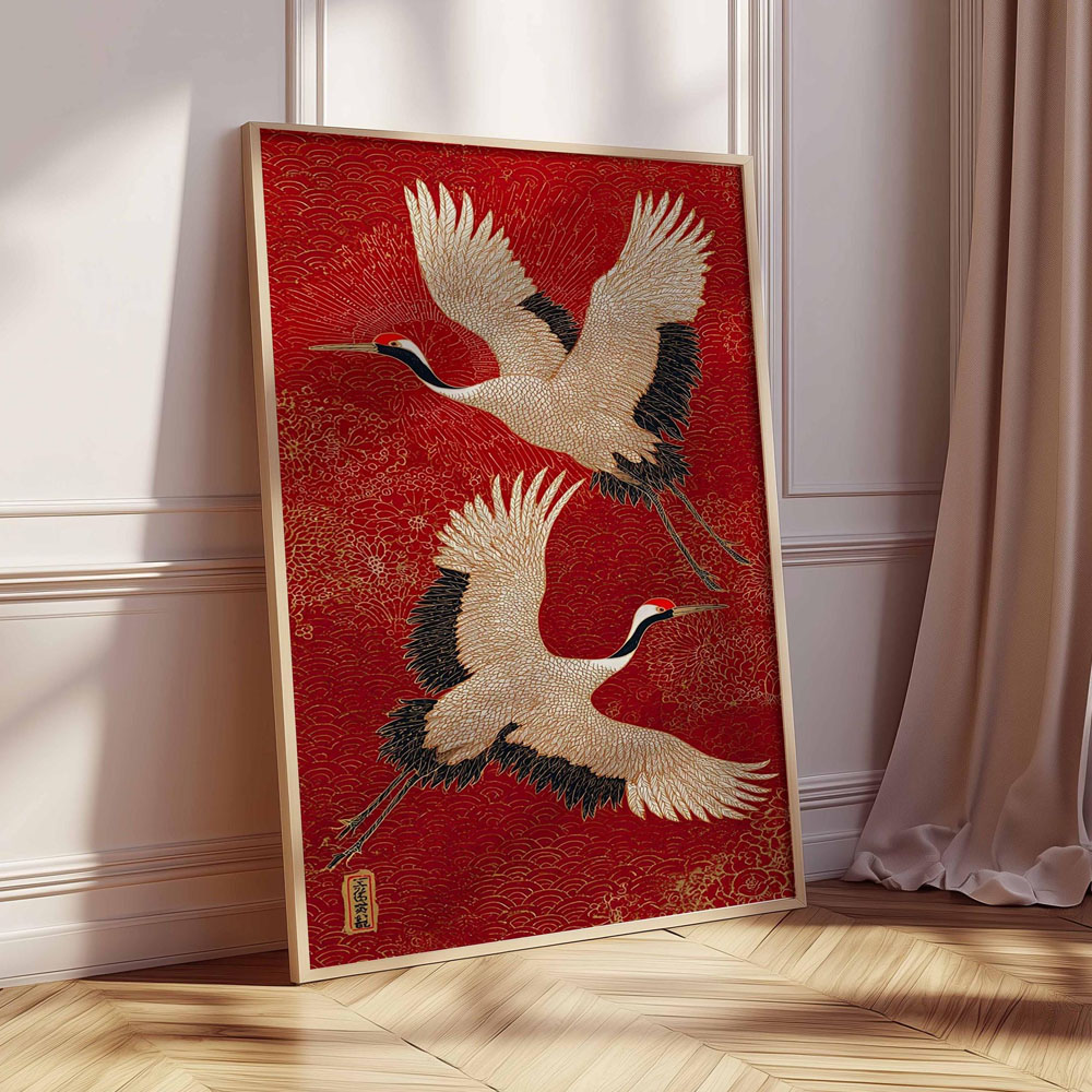 Home Decor Japandi Style - ภาพพิมพ์บนผ้าใบลายเครนญี่ปุ่น โปสเตอร์วินเทจ สไตล์ญี่ปุ่น-เดนมาร์ก ศิลปะตกแต่งผนังห้องนอน ของตกแต่งบ้าน