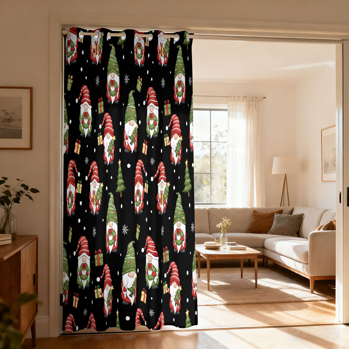 Home Decor Xmas Tree - ผ้าม่านลายคริสต์มาสคนแคระต้นคริสต์มาสและของขวัญ ผ้าม่านแบบห่วงเดี่ยว ผ้าม่านแขวนประตู ผ้าม่านตกแต่งห้องนั่งเล่น ห้องนอน ของตกแต่งบ้านทันสมัย