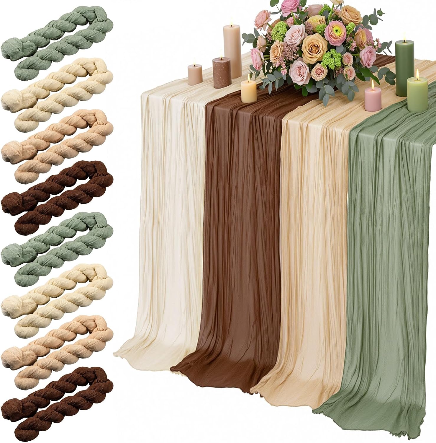 Home Decor Green - ผ้าปูโต๊ะผ้าชีสคลอธ 8 ชิ้น สีเขียวเซจ น้ำตาล สไตล์โบโฮ